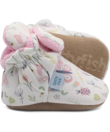 Dotty Fish Cotton Baby Booties with Suede Sole | Warm Fleece Lining | Non-Slip Pram Shoes | Stay On Slippers | 12-18 Months Soft Pink With Butterflies - Buy Online on GoSupps.com
