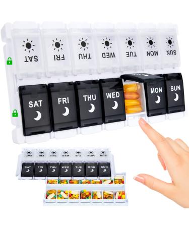 7 Day Pill Organizer 2 Times A Day-Weekly Pill Box Am Pm Easy Fill & Push Button 2 in 1 Design Large Compartment Daily Pill Case Night Day Pill Holder 14 Day for Fish Oil/Supplements Black+white