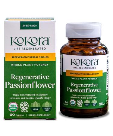 kokora Regenerative Organic Certified Passionflower Extract and Powder - Vegan and Gluten-Free - Promotes Calm Restful Sleep and Healthy Nervous System 60 Capsules