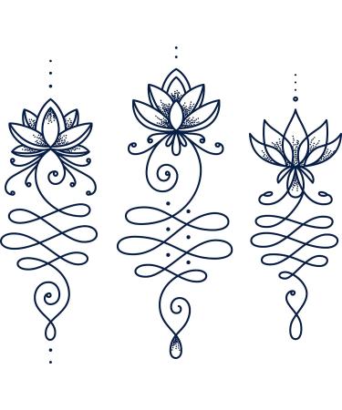 Lasting 1-2 Weeks Lines Juice Ink Temporary Tattoo Semi Permanent for Adults Woman Unalome Lotus Flower Symbol Life Spiritual Sacred Navy Blue that Look Real Men Women Chest Neck Arm (4 Sheets) Juice Blue Gray