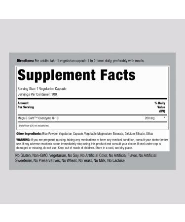 Piping Rock CoQ10 200 mg - 100 Vegetarian Capsules | Non-GMO & Gluten Free Mega Q Sorb Supplement - Buy Online on GoSupps.com