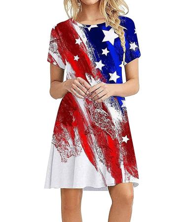 Women's Summer Star Striped Print Dress - Red; Casual Short Sleeve O-Neck Flowy Dress for 4th July & Daily Wear - Small - Buy Online on GoSupps.com