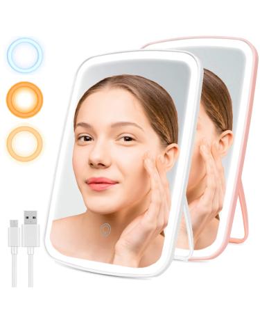 2Pack Travel Lighted Makeup Mirror 72 LED Lights Vanity Mirror with 3 Color Lighting Large 10 Folding Cosmetic Mirror Touch Screen Dimming Portable USB Rechargeable Make Up Mirror(White+Pink)