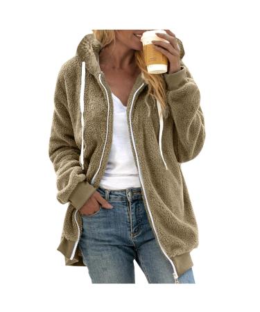 Hanxiulin fleece plush jacket fluffy warm zipper wool jacket women warm winter jacket windproof coat thick warm outdoor breathable hooded tops fleecet m khaki