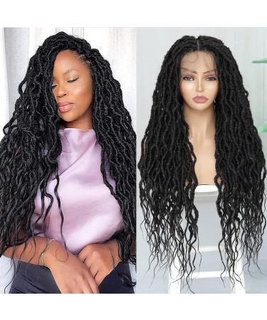 SOKU 32 Inch Goddess Faux Locs Lace Frontal Wig Transparent Full 360 Lace Pre Plucked with Baby Hair Hand Made Synthetic Wavy Braided Wigs for Black Women 32  Full Lace 1B (Goddess Faux Locs)