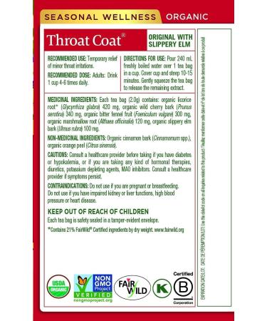 Traditional Medicinals - Organic Throat Coat Herbal Tea (Pack of 6) - Relief of Minor Throat Irritation - Sustainably Sourced Fair Wild Ingredients - 96 Tea Bags Total Throat Coat 16 Count (Pack of 6) - Buy Online on GoSupps.com