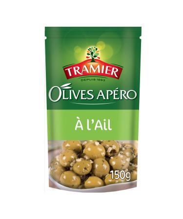 Tramier Olives Garlic aperitif (1 x 150g), green olives with garlic, parsley and Provence herbs, pitted olives ideal for aperitif