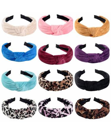 Deviegath 12 Pack Knotted Headbands for Women Fashion Wide Leopard Print Girls' Headbands Solid Color Turban Hair Hoops Head Bands for Women's Hair