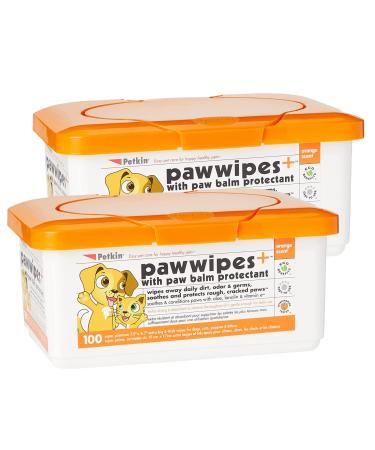 Petkin Paw Wipes Plus, 100 Orange Scented Wipes - Absorbent Pet Paw Wipes Remove Daily Dirt & Odors - Enriched with Paw Balm Protectant - Easy to Use Pet Wipes for Dogs, Cats, Puppies & Kittens 200 Wipes