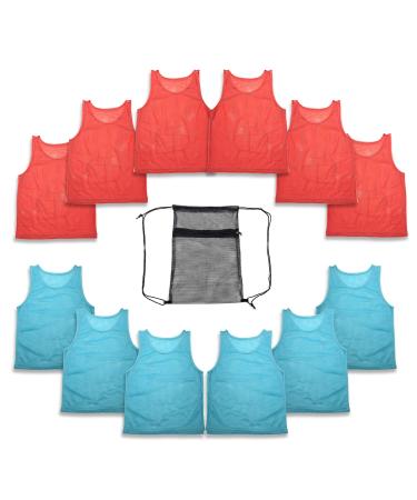 12 pc Set Team Pinnies Vest - Nylon Mesh Vests Uniform for Youth Kids Boys & Girls - Basketball Football Soccer All Sport Practice Jersey Pennies Scrimmage Mesh Zip Backpack (Red & Light Blue)