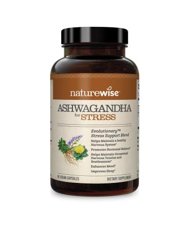 NatureWise Ashwagandha for Stress | Calming KSM-66 Herbal Supplement Extract + GABA L-Theanine Rhodiola Rosea Light Brown 60 Count 60.0 Servings (Pack of 1)