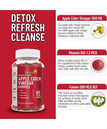 Apple Cider Vinegar Gummies - 500mg ACV Folate & B12 | Detox Digestion & Immune Health - 60 Count - Buy Online on GoSupps.com