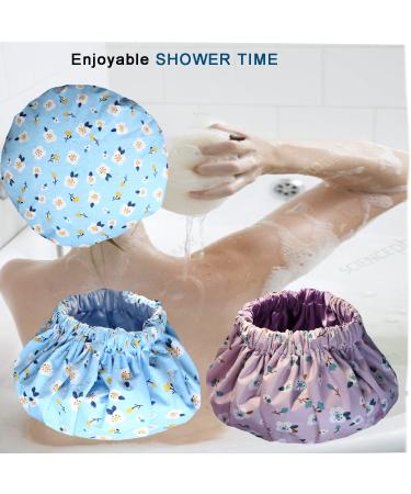 2Pcs Satin Lined Waterproof Shower Cap for Women - Extra Large Reusable Adjustable Double Layers - Blue Purple Flower Design - Buy Online on GoSupps.com