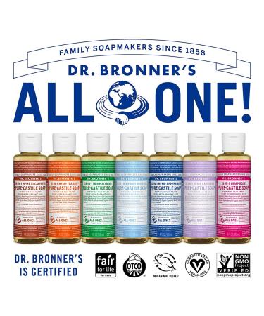 Dr. Bronner's Pure-Castile Liquid Soap Variety Pack - Peppermint, Lavender, Tea Tree, Eucalyptus, Almond, Baby Unscented - 18-in-1 Organic Oils - Face, Body, Hair, Laundry, Pets, Dishes - 4 oz, 6 Count - Buy Online on GoSupps.com