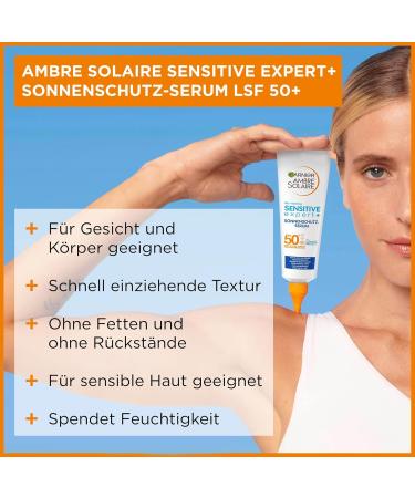 Garnier Sun Protection Serum SPF 50+ for Sensitive Skin | Waterproof Sunscreen for Face & Body | Non-Greasy Formula with Ceramides | Ambre Solaire Sensitive Experts 125ml - Buy Online on GoSupps.com