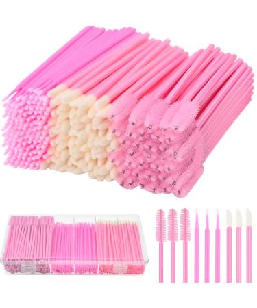 TUZAZO 300 PCS Eyelash Extension Supplies Kit Disposable Micro Swab Brush Eyebrow Spoolie Lip Brush Mascara Wand Applicator Mascara Applicator Eyelashes Tool (Pink)