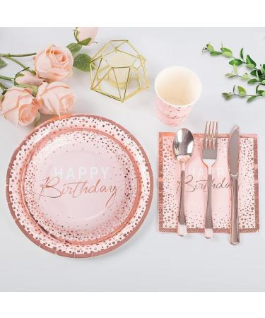 175PCS Happy Birthday Plates and Napkins Party Supplies  Paper Pink and Rose Gold Plates and Napkins with Rose Gold Plastic Forks Knives Spoons Serve 25 Guests for Girl Women Birthday Party Decoration - Buy Online on GoSupps.com