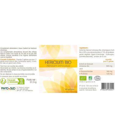 Phyto Sud Hericium Bio Capsules Dosed at 400 mg (20:1) - Hericium Erinaceus - Vegan and Concentrated Food Supplement for Cerebral Health and Immunity - Made in France - 60 Capsules - Buy Online on GoSupps.com