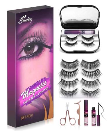 Bisutang Upgraded Magnetic Eyelashes and Eyeliner 6-Pairs Reusable Magnetic Lashes and 2 Tubes of Magnetic Eyeliner with Storage Case Glue-free Natural Look Eye Lashes with Scissors Tweezers