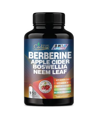 Organic Cadane Berberine Supplement 150 Capsules with Neem Leaf Apple Cider Vinegar VIT D3 E & More - Berberine Extract - Support for Immune System Digestion & Overall Health