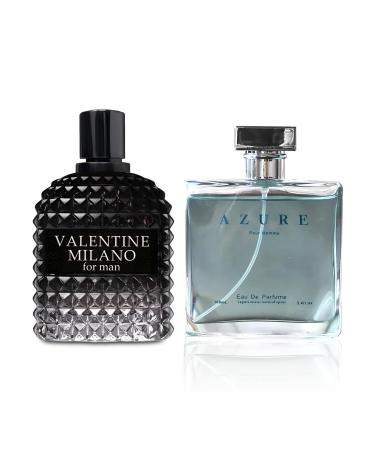 2PCS Valentine Milano/Azure Pour Homme Eau De Toilette for Men-Fresh Romantic Scent Perfume for Men 3.4 Fl Oz Each Mens Cologne For All Skin Daily Used MilanoMen/Azure Pour Homme