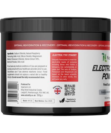 Nutrality Electrolytes Powder 350g - Sugar-Free Keto Hydration Recovery Paleo Supplement | Vegan | 50 Servings (Raspberry) - Buy Online on GoSupps.com