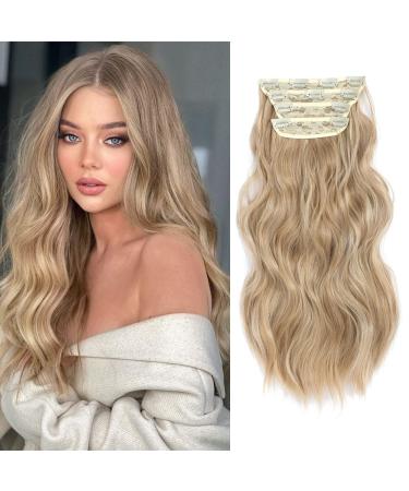 Hair Extensions Clip in 4pcs Dirty Blonde with Brown Highlights Hair Extension Long Wavy Full Head Clip in Hair Extension Synthetic Fiber Hair Pieces for Women