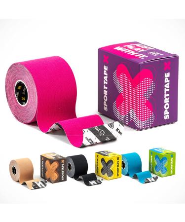 SPORTTAPE Kinesiology Sports Tape - 5m Roll - Pink | Physio & Sports Injury Muscle Tape for Shoulder Knee Ankle Shin Splints Support. Waterproof & Hyopallergenic Kinetic Tape Pink 1 Roll
