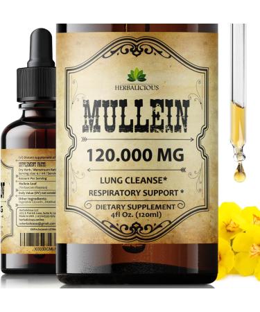 HERBALICIOUS Mullein Drops for Lungs Organic Lung Cleanse Supplement with Mullein Leaf Extract (Verbascum Thapsus) Vegan Non-GMO Liquid Formula 4 Fl Oz