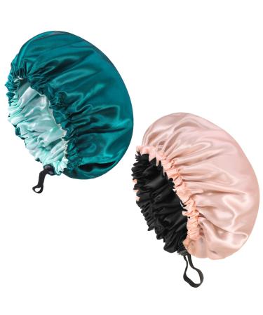 Fuyamp 2 Packs Satin Sleep Cap Adjustable Silky Sleep Bonnet for Women Long Curly Hair Double-Sided Waterproof Satin Hair Cap Extra Large Sleep Satin Bonnet for Women Girls Sleeping Pink+Lake Green
