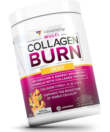 Multi Collagen Burn: MultiType Hydrolyzed Protein Peptides with Hyaluronic Acid Vitamin C SOD B Dimpless Types I II III V and X with Caffeine 30 Servings Tropical Punch Flavored Energy - Tropical Punch - Buy Online on GoSupps.com