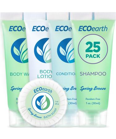 EcoEarth Hotel Toiletries Bundle (Spring Breeze 1 oz each 125 Pieces) 5-Piece Set: 25 each Round Bar Soap Shampoo Conditioner Body Lotion & Body Wash - Bulk Mini Guest Amenities 1 Fl Oz (Pack of 25)