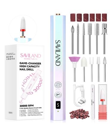 SAVILAND 30000RPM Electric Nail Drill - for Ultrafast Remove Acrylic Nails Cordless Lightweight Electric Nail File with 12 Drill Bits Professional-Grade Manicure Pedicure Nail Care Home Salon