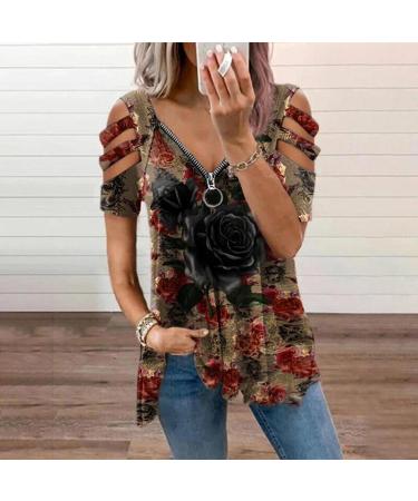 ZVAVZ Woman Summer T-Shirt | Off Shoulder V Neck Top with Colorful Print | Short Sleeves Chain Blouse/Black - Buy Online on GoSupps.com