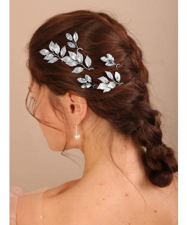 Kercisbeauty 6PCS Silver Leaf Leaves Hair Pins Set for Wedding Brides Bridesmaid Crystal Hair Piece for Brides Bridesmaid Bohemia Handmade Hair Piece Set (Silver)