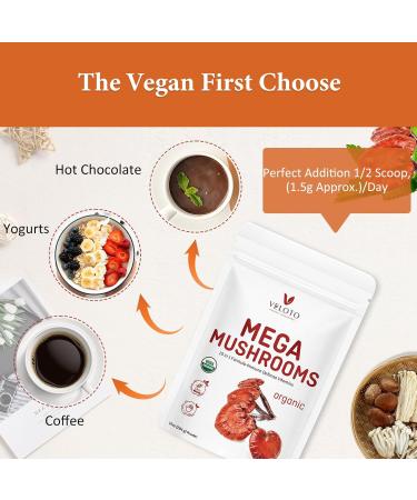 VELOTO Organic Mega Mushroom Powder Blend 10 in 1 Complex Mushroom Extract Powder Herbal Supplement with Reishi Cordyceps Chaga Lion's Mane Vegan & More Sustainably US Grown Filler Free 10oz - Buy Online on GoSupps.com
