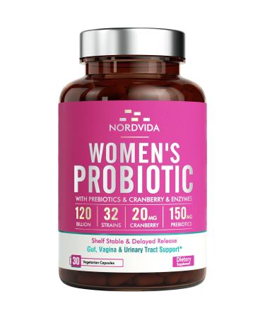 NordVida Women's Probiotic, 120 Billion & 32 Strains, Shelf Stable Probiotic for Gut, Vagina & Urinary Tract, with Cranberry, Prebiotic, Digestive Enzymes, No Gluten Dairy, 30 Delayed Release Capsules Women health (Pack of 1)