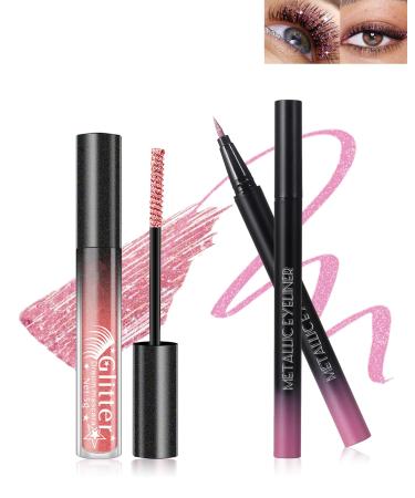 Lestpola Glitter Pink Mascara and Eyeliner Set Diamond Shimmer Length and Volume Ultra Fine Metallic Glitter Liquid Eyeliner Waterproof Durable Highly Pigmented Eye Makeup for