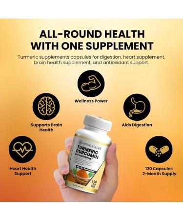 Infuse Allur - Turmeric Curcumin & Bioperine Vegetable Capsules - Premium Antioxidant Supports Brain & Heart Health Skin & Digestion - Promotes Cellular Health - 120 Caps - Buy Online on GoSupps.com