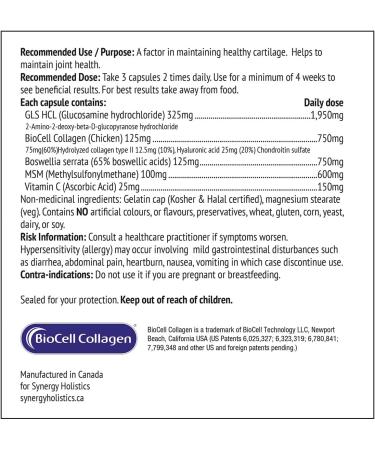 Synergy Holistics | Joint Synergy - Joint Support with BioCell Collagen - Glucosamine Chondroitin Hyaluronic Acid MSM and Boswellia - Collagen Type 2 Supplement for Joints - Enhanced Cartilage Maintenance - 180 Veg Caps - Buy Online on GoSupps.com