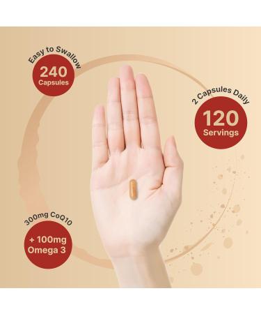 CoQ10 300mg with Omega-3 | Stable High Absorption Antioxidant for Heart & Energy Health | 240 Capsules - Extra Strength Coenzyme Q10 Supplement - Buy Online on GoSupps.com