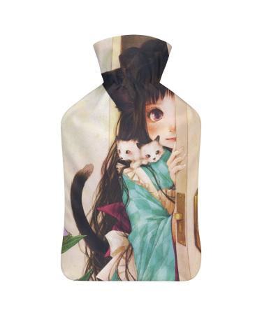 Girl and cat hot water bottle with cover plush bed bottle hand warmer for adults and children 26.5X15.3cm