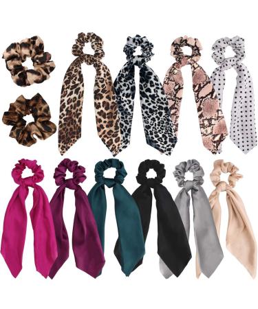 Jaciya 12 Pack Satin Silk Scrunchies Hair Scarf for Women Leopard Scrunchie Ponytail Holder Bobbles Elastic Hair Ties for Girls Bow Scrunchy with Ribbon Hair Styling Accessories