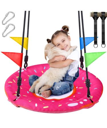 Odoland 24 inch Kids Tree Swing, Outdoor Small Saucer Swing - 900D Oxford Platform Swing - Backyard Round Flying Swing with Hanging Ropes, Straps and Turnbuckle Pink