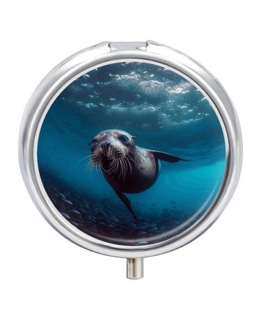 Round Pill Box Underwater Sea Lion Print 3 Compartment Medicine Pill Case Print Pill Organizer Decorative Metal Portable Pill Box Pocket Pill Box