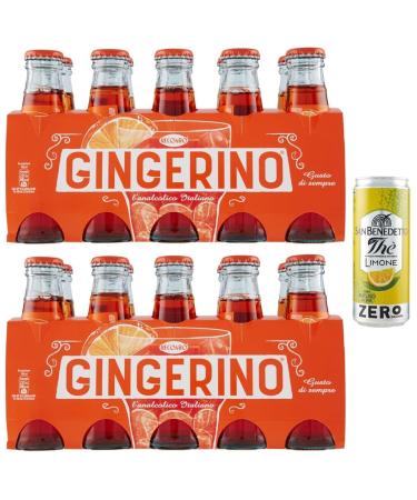 Gingerino Recoaro Lot de 20 bouteilles jetables en verre pour ap ritif italien Ginger 10 cl + 1 bo te de th glac San Benedetto au citron sans sucre 330 ml