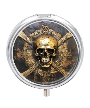 Skull Metal Pirate Printed Pill Box Small Pill Case for Purse & Pocket 3 Compartment Travel Pill Boxes Metal Round Small Pill Organizer to Hold Vitamins Medication Fish Oil and Supplements