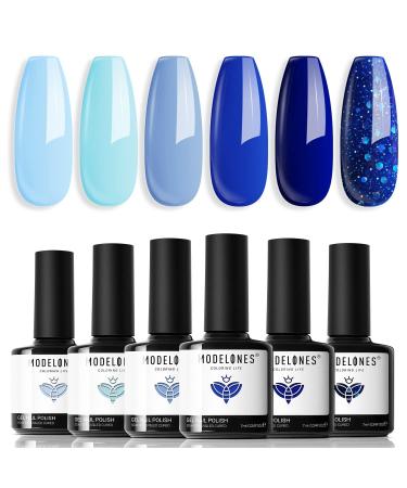 Modelones Blue Gel Nail Polish Set 6 Colors Royal Blue Sky Blue Glitter Navy Blue Nail Gel Polish Kit Light to Dark Shades Soak Off Gel Nail Art Salon Design Home Manicure Holiday Gifts for Women Girls