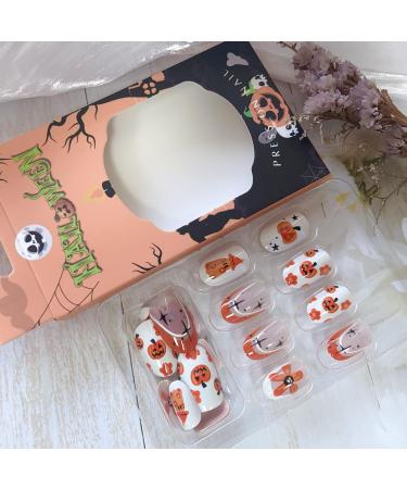 Shop Halloween Nails | 24PCS Press-On Fake Nails - Short Almond Shape with Pumpkin Ghost & Flower Designs - Perfect for Women & Girls - Buy Online on GoSupps.com