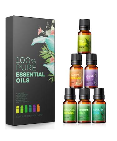 Essential Oils, Top 6*10ml Essential Oil Set, Pure Aromatherapy Oils Kit, Lavender, Eucalyptus, Peppermint, Tea Tree, Lemongrass, Sweet Orange Skin & Hair Care, Essential Oils for Diffusers for Home 0.34 Fl Oz (Pack of 6)